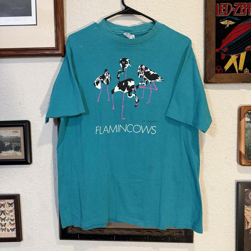 Vintage 1987 80s Flamingo Cow Funny Flamincows Nature Teal Blue‎ Shirt Size XL